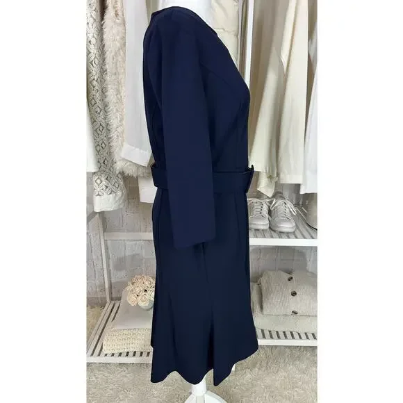 Calvin Klein Women's Sz 6 Navy Scuba Crepe 3/4 Sleeve Flounce Skirt Dress #0548 - Picture 4 of 11